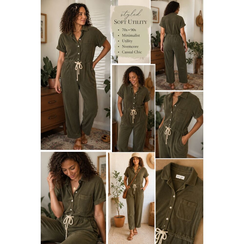 Alex Mill Benny Terry Jumpsuit Womens S Olive Green Terry Cloth Utility 70s 90s